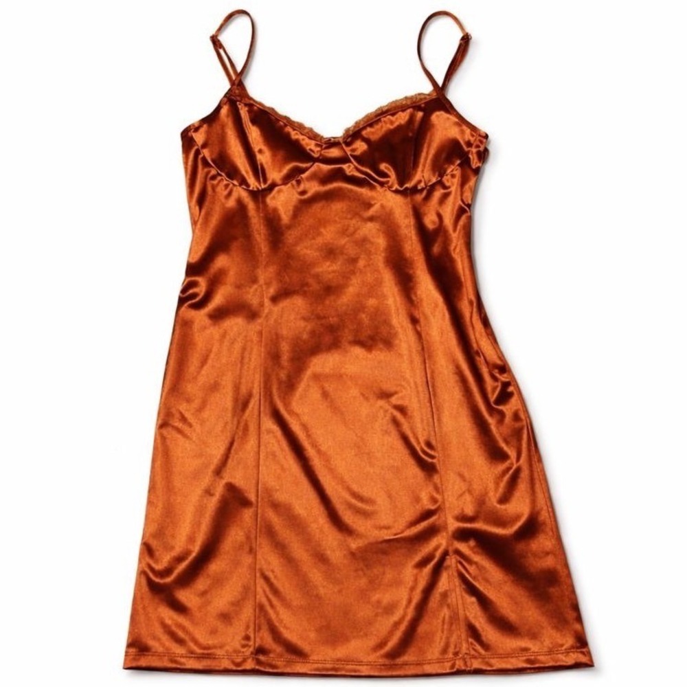 Forever 21 Copper Satin Slip inspired mini Dress Lace Trim Spaghetti Strap Sz L